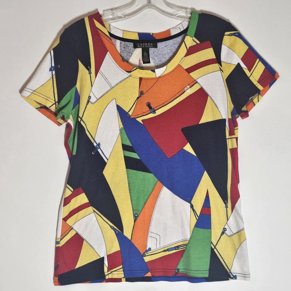 Lauren Ralph Lauren Shirt Womens XL Colorful‎ Sailboats Nautical Tee Vintage Top